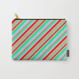 [ Thumbnail: Red, Tan, Green, and Light Blue Colored Lines Pattern Carry-All Pouch ]