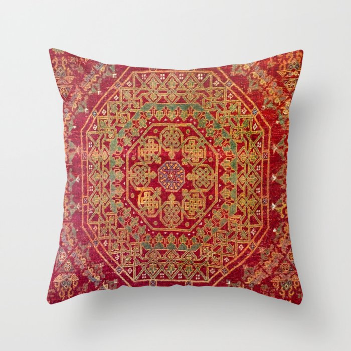 Bohemian Medallion VII // 15th Century Old Distressed Red Green Coloful Ornate Accent Rug Pattern Throw Pillow