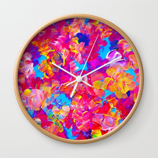 FLORAL FANTASY Bold Abstract Flowers Acrylic Textural Painting Neon Pink Turquoise Feminine Art Wall Clock