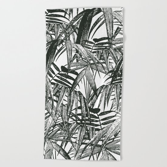 Black and White Vintage Palm Leaf Pattern Beach Towel