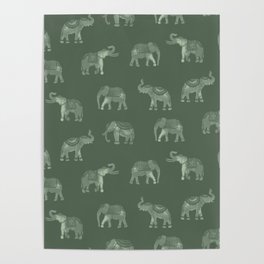 Dark Sage Green Indian Elephants Poster