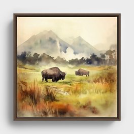 American Bison - Watercolor Landscape Framed Canvas