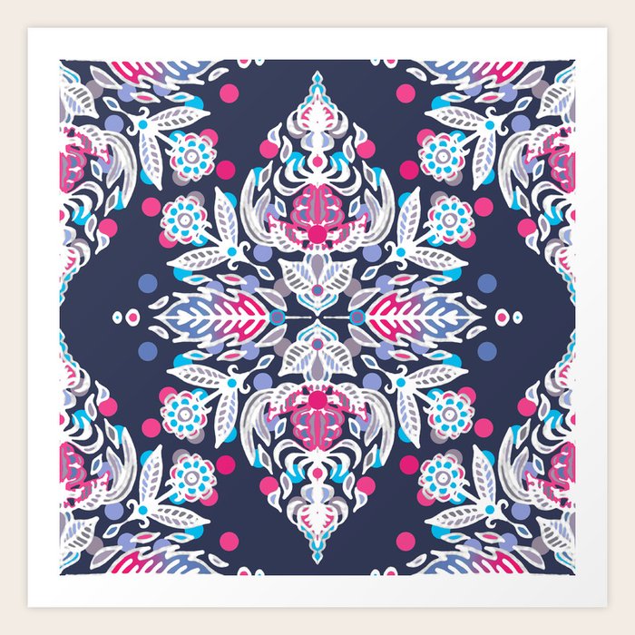 Pastel Folk Art Pattern in soft navy, pink, mauve & white Art Print by micklyn Society6