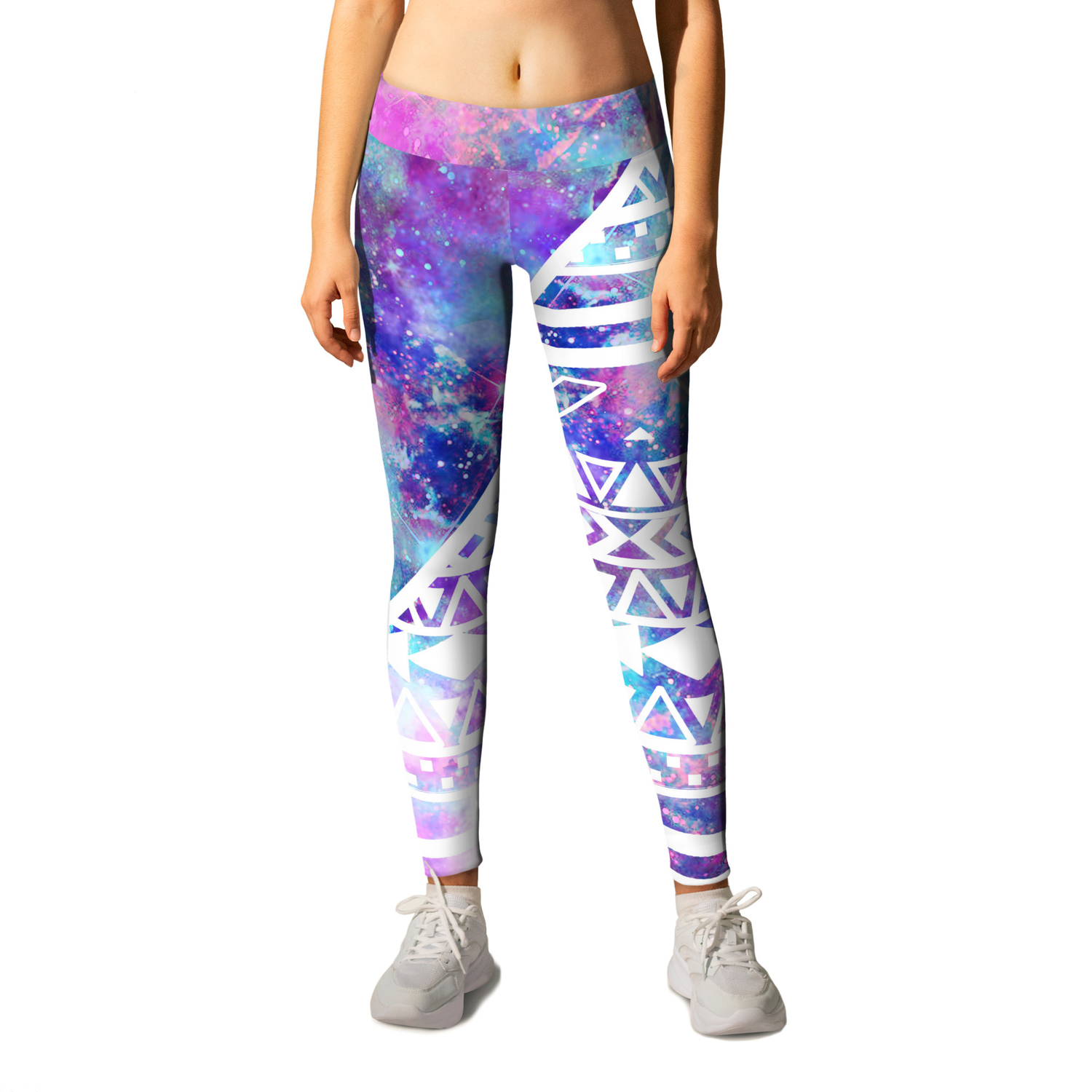 Girly Purple Pink Nebula Space White Tribal Aztec Leggings by Girly Trend by Audrey Chenal |