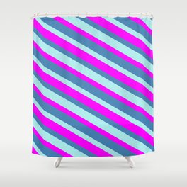 [ Thumbnail: Fuchsia, Blue & Turquoise Colored Lines/Stripes Pattern Shower Curtain ]