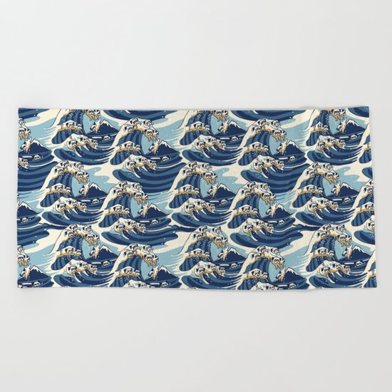 The Great Wave of Pug Pattern Beach Towel