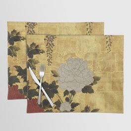 Vintage Japanese Floral Gold Leaf Screen With Wisteria and Peonies Placemat
