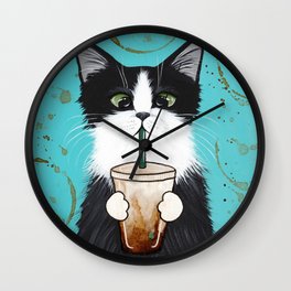 Tuxedo Cat With Iced Coffee Wall Clock | Tuxedocat, Coffee, Latte, Coffeecat, Acrylic, Folkart, Painting, Art, Original, Cat 