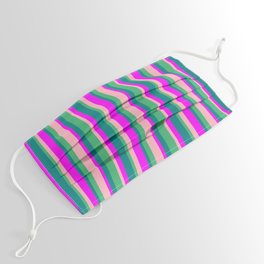 [ Thumbnail: Sea Green, Teal, Fuchsia & Light Pink Colored Striped Pattern Face Mask ]