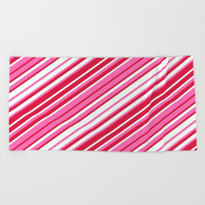 Hot Pink, Crimson, and Mint Cream Colored Stripes/Lines Pattern Beach Towel