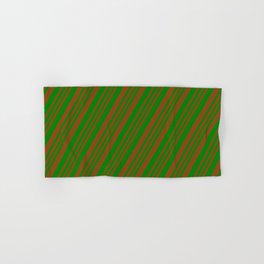 [ Thumbnail: Brown & Green Colored Stripes Pattern Hand & Bath Towel ]