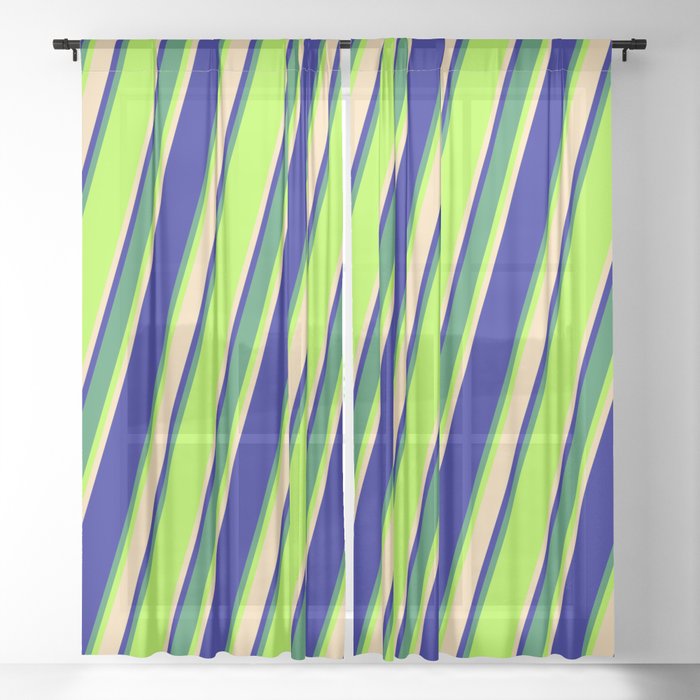 Light Green, Tan, Dark Blue & Sea Green Colored Striped Pattern Sheer Curtain