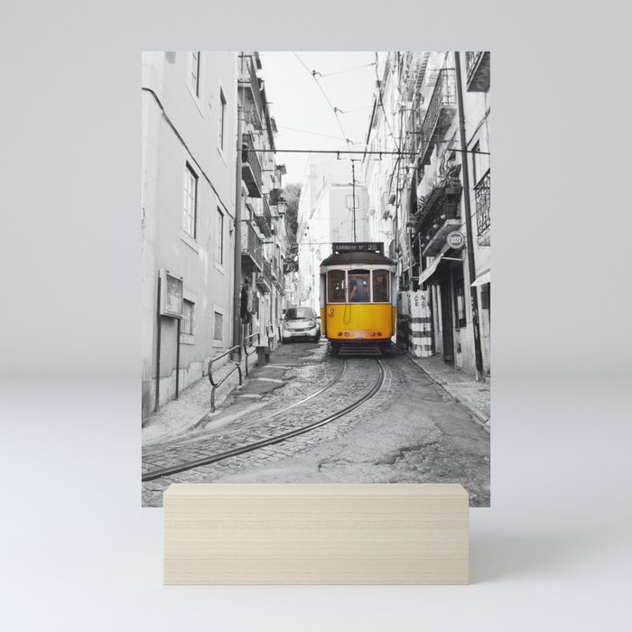 Yellow Tram in Lisbon Portugal | Travel Photography in Selective Color Mini Art Print