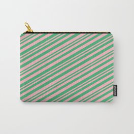 [ Thumbnail: Light Pink & Sea Green Colored Lined Pattern Carry-All Pouch ]