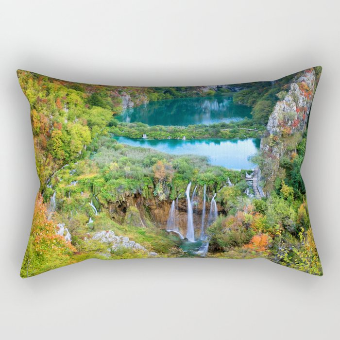 Autumn Landscape With Waterfall In Plitvice Lakes Rectangular Pillow