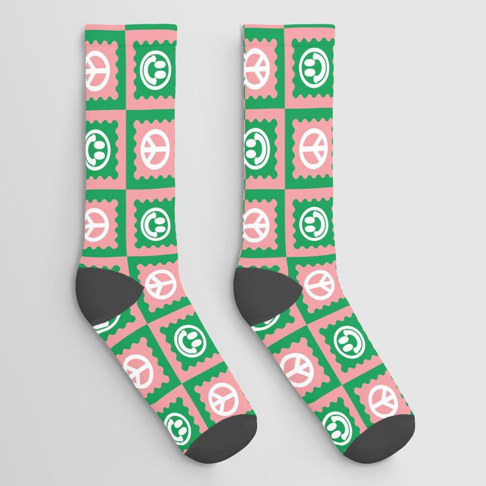 Funky Checkered Smileys and Peace Symbol Pattern (Pink, Green, White) Socks