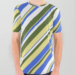 [ Thumbnail: Dark Olive Green, Tan, Royal Blue, and White Colored Stripes Pattern All Over Graphic Tee ]