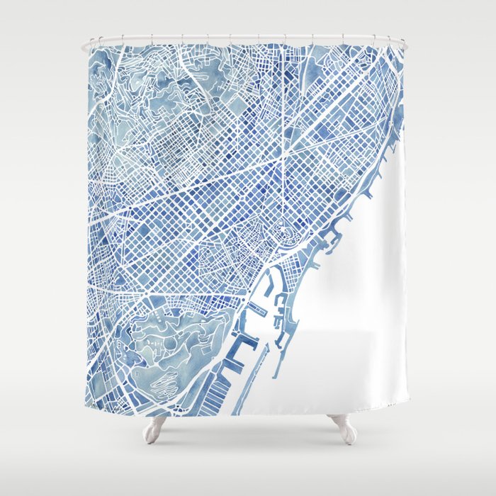 Barcelona Blueprint Watercolor City Map Shower Curtain