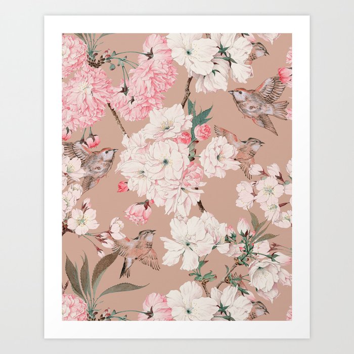 Vintage Japanese Garden in Tan and Blush  Art Print