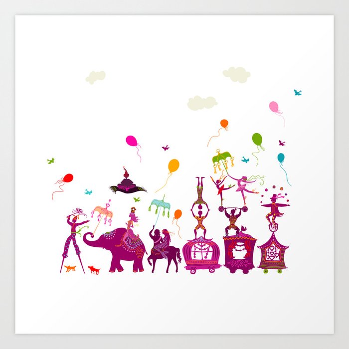 colorful circus carnival traveling in one row on white background Art Print