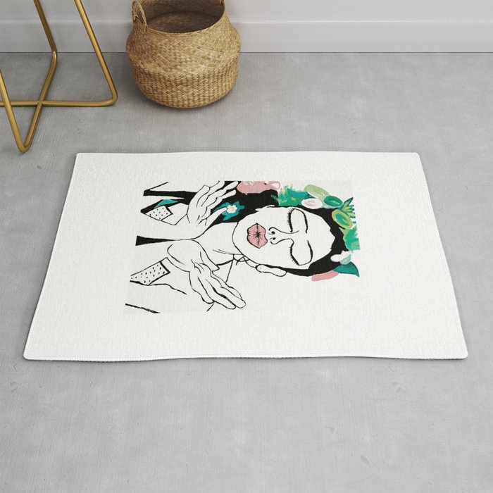Kisses: a pretty, minimal, portrait illustration in black and white with a hint of color Rug
