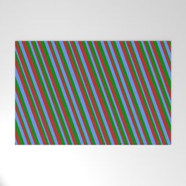 [ Thumbnail: Cornflower Blue, Green & Red Colored Stripes Pattern Welcome Mat ]