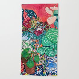 Jungle of Houseplants and Flowers on Bright Coral Pink with Wild Cats Beach Towel