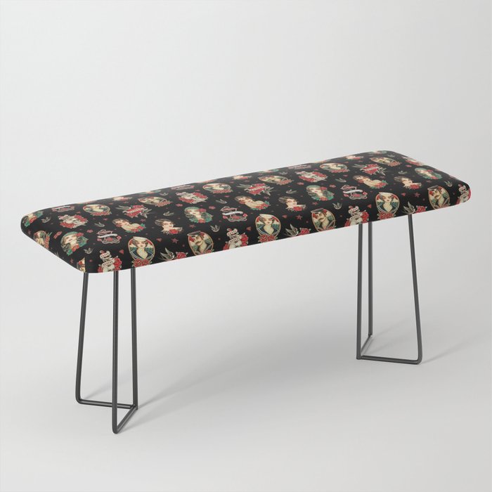 Old School Tattoo Pattern Black Bench By Crixtina Society6