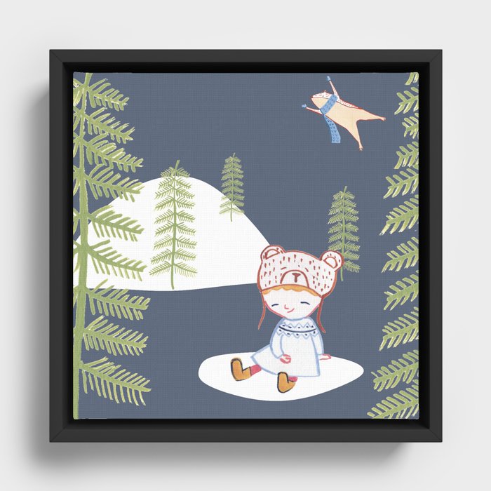 Squirrel and little girl  Framed Canvas