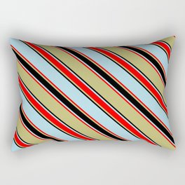 [ Thumbnail: Dark Khaki, Black, Light Blue & Red Colored Pattern of Stripes Rectangular Pillow ]