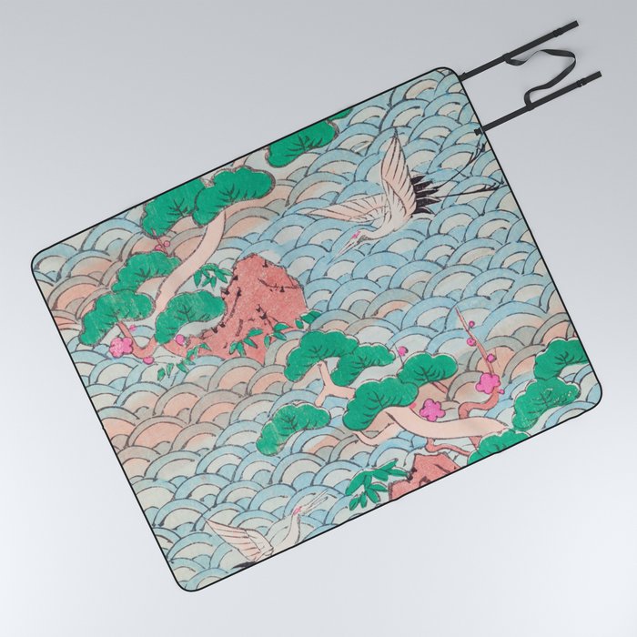 Japanese Cranes on Waves Vintage Pattern Picnic Blanket