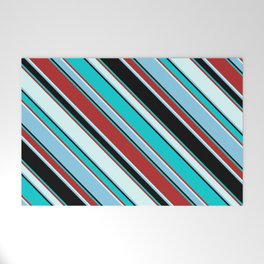 [ Thumbnail: Colorful Black, Dark Turquoise, Red, Light Cyan, and Sky Blue Colored Pattern of Stripes Welcome Mat ]