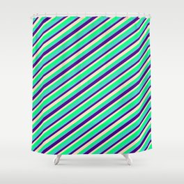 [ Thumbnail: Turquoise, Indigo, Bisque & Green Colored Lines Pattern Shower Curtain ]