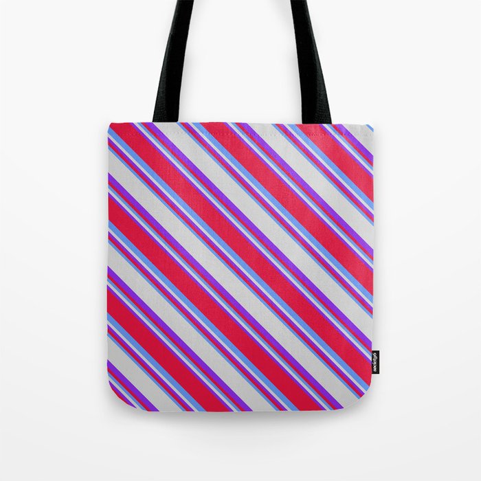 Purple, Crimson, Cornflower Blue, and Light Grey Colored Lined/Striped Pattern Tote Bag