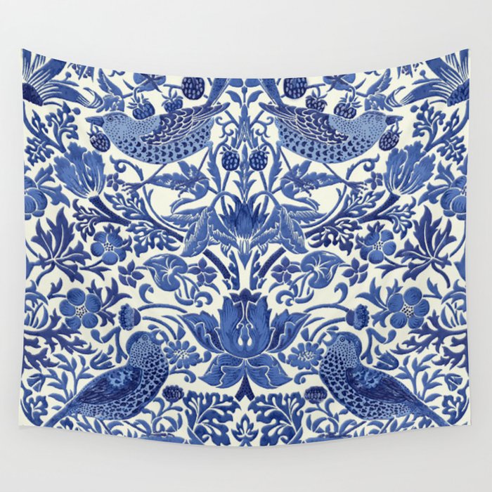 William Morris Strawberry Thief Blue & White Pattern Wall Tapestry