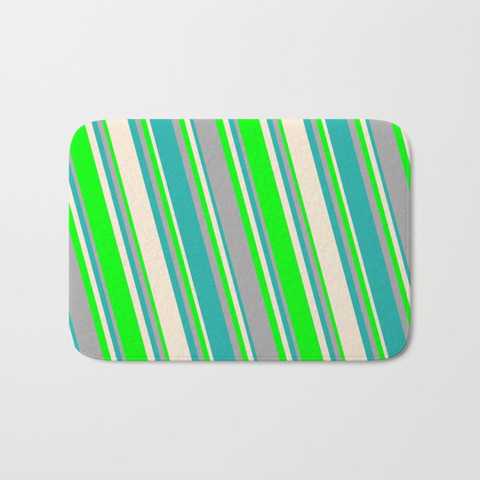 Beige, Lime, Dark Gray, and Light Sea Green Colored Pattern of Stripes Bath Mat