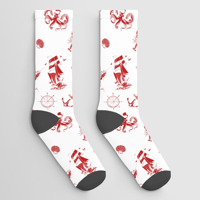 Red Silhouettes Of Vintage Nautical Pattern Socks