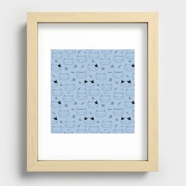 Pale Blue and Black Doodle Kitten Faces Pattern Recessed Framed Print