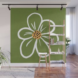 Retro Modern Daisy Flower Dark Green Wall Mural