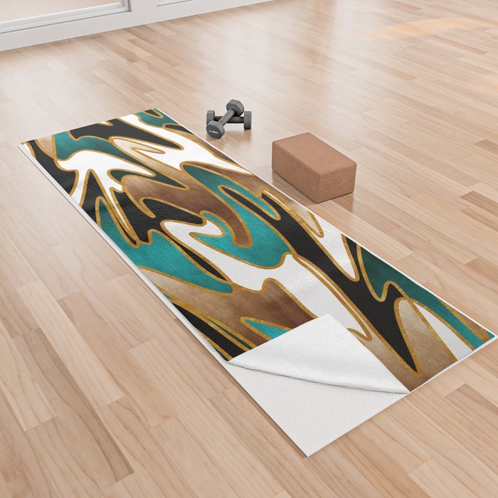 MCM Abstract Watercolor Waves // Gold, Teal, Brown, Black, White Yoga Towel