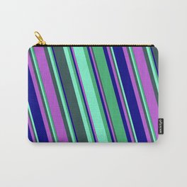 [ Thumbnail: Eyecatching Sea Green, Aquamarine, Dark Slate Gray, Orchid, and Blue Colored Lines Pattern Carry-All Pouch ]