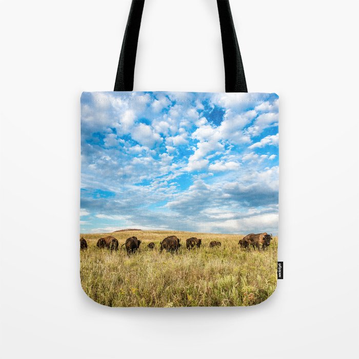 Grazing - Bison Graze Under Big Sky on Oklahoma Prairie Tote Bag