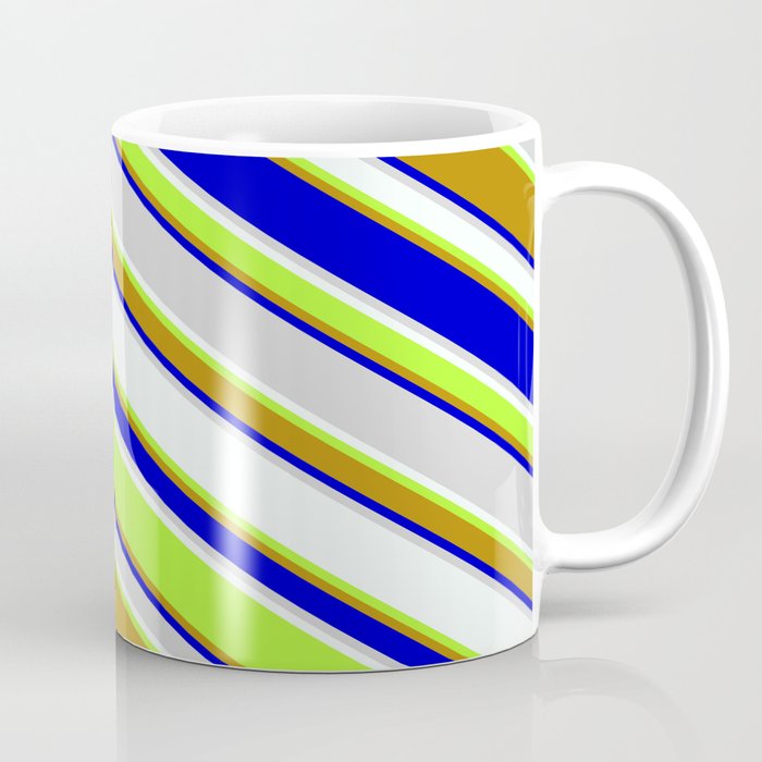 Colorful Light Gray, Mint Cream, Light Green, Dark Goldenrod, and Blue Colored Striped/Lined Pattern Coffee Mug