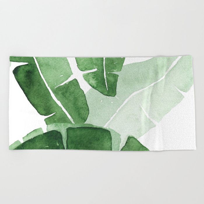 Watercolor Painting of Banana Leaves Green Tropical Leaves Pattern Beach Towel