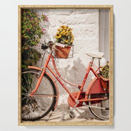 Red bicycle blooming sunflowers on Italian Streets | Travel Fine Art Photography Serving Tray