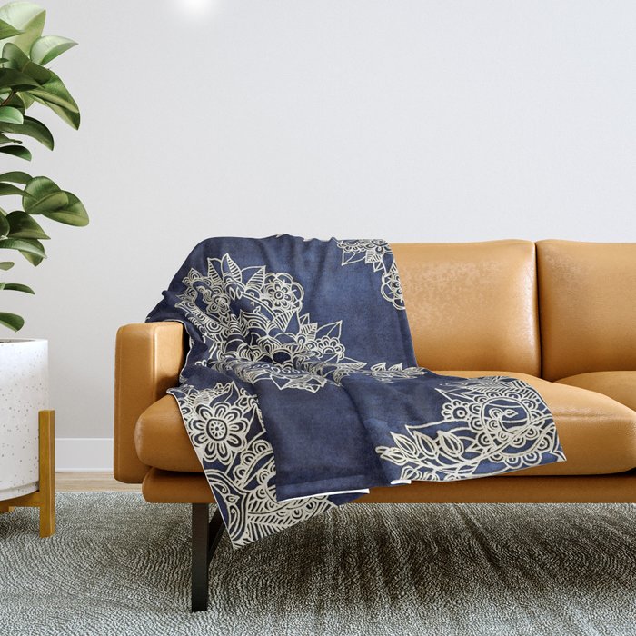 Cream Floral Moroccan Pattern on Deep Indigo Ink Throw