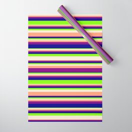 [ Thumbnail: Vibrant Chartreuse, Beige, Light Salmon, Purple & Dark Blue Colored Lines/Stripes Pattern Wrapping Paper ]