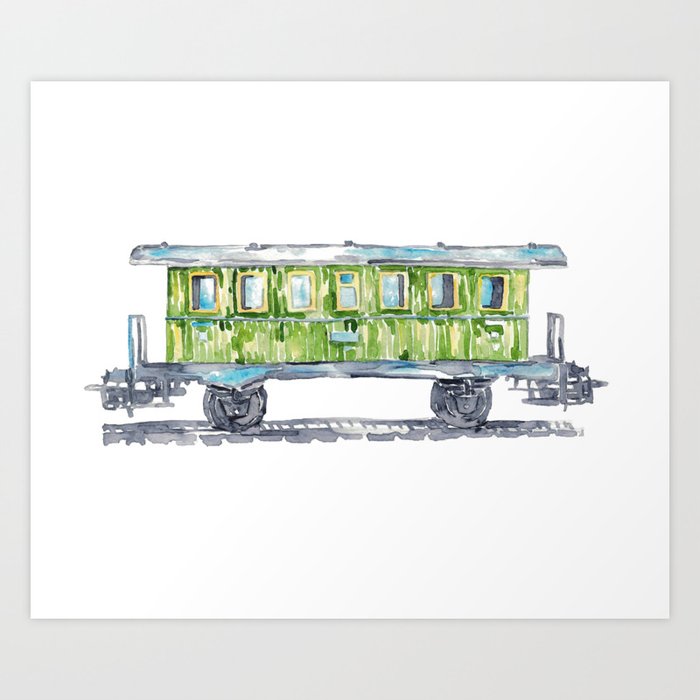 Green Vagon Train locomotive print Kids room wall decor painting watercolour Art Print