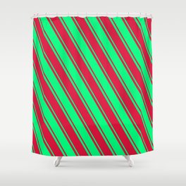 [ Thumbnail: Green & Crimson Colored Lined Pattern Shower Curtain ]