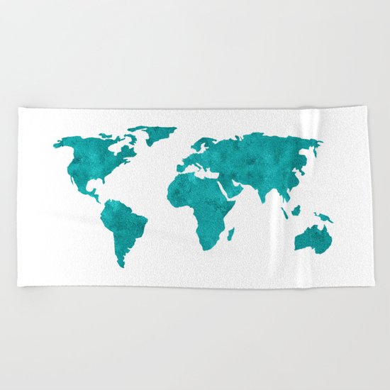 Turquoise Metallic Foil World Map Beach Towel